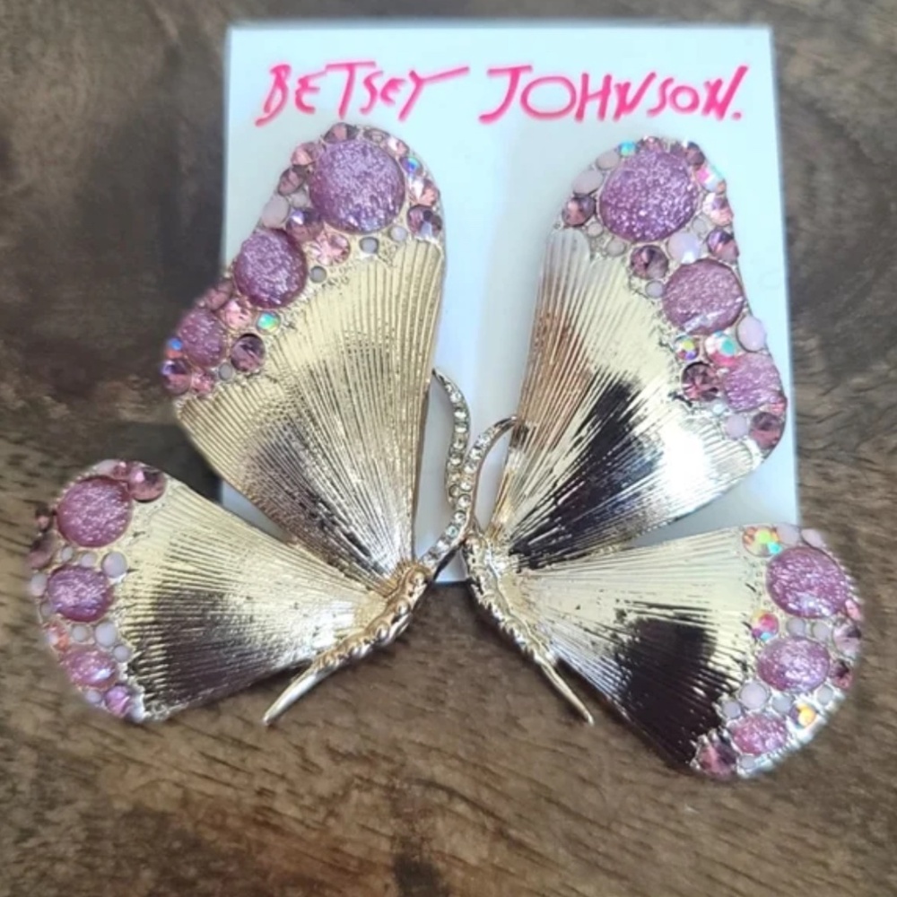 Betsey Johnson Gold Pink Crystal Butterfly Earrings Rhinestone Jewel Large Drop - Picture 1 of 1
